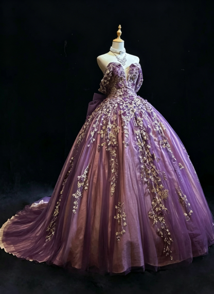 Gorgeous Purple Off The Shoulder Deep V Neck Gitter Gold Floral Appliques Large Bow Back Tulle A-Line Ball Gown Prom Dress With Chapel Train AD1043