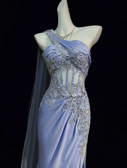 Elegant Dusty Blue One Shoulder Sheer Boned Corset Beaded Silver Floral Appliques Long Tulle Glitter Mermaid Long Prom Dress AD1044