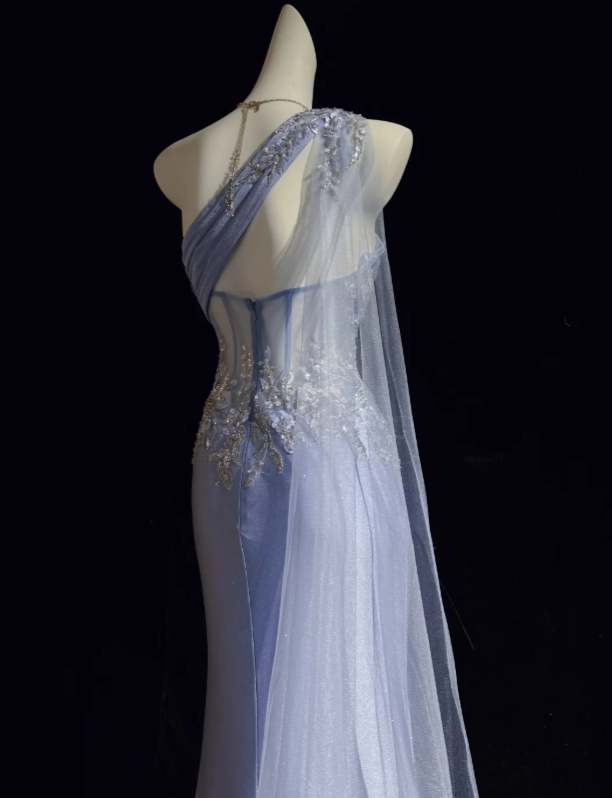 Elegant Dusty Blue One Shoulder Sheer Boned Corset Beaded Silver Floral Appliques Long Tulle Glitter Mermaid Long Prom Dress AD1044