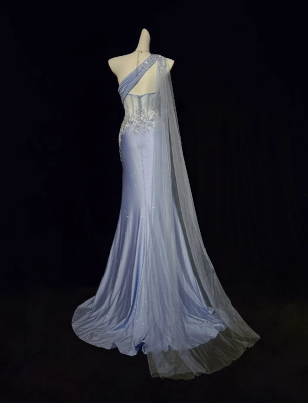 Elegant Dusty Blue One Shoulder Sheer Boned Corset Beaded Silver Floral Appliques Long Tulle Glitter Mermaid Long Prom Dress AD1044