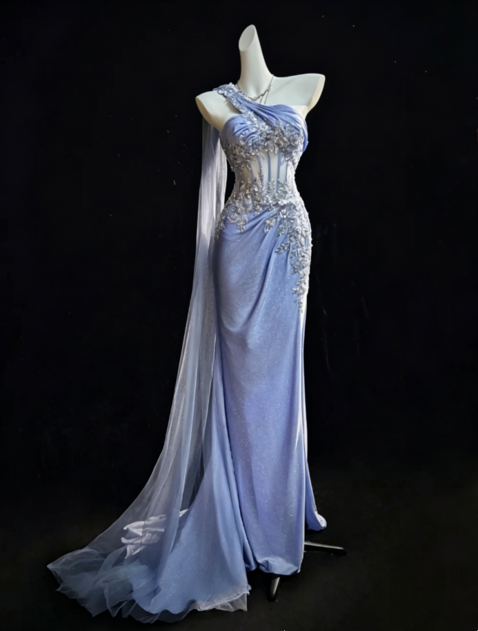 Elegant Dusty Blue One Shoulder Sheer Boned Corset Beaded Silver Floral Appliques Long Tulle Glitter Mermaid Long Prom Dress AD1044