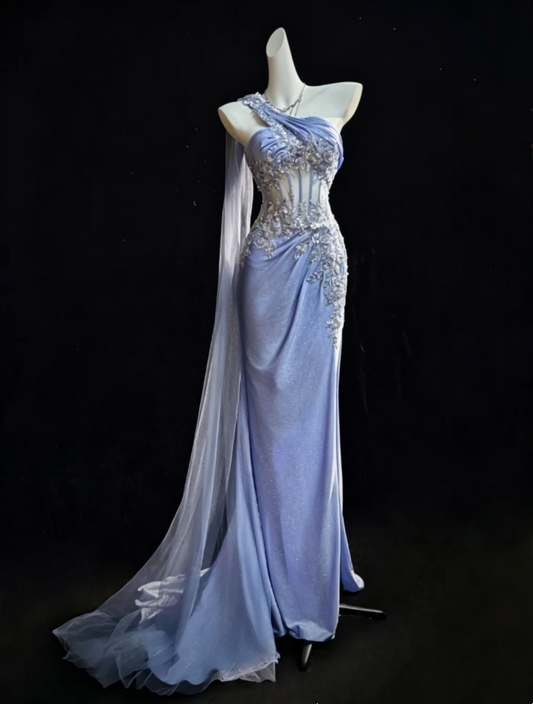 Elegant Dusty Blue One Shoulder Sheer Boned Corset Beaded Silver Floral Appliques Long Tulle Glitter Mermaid Long Prom Dress AD1044