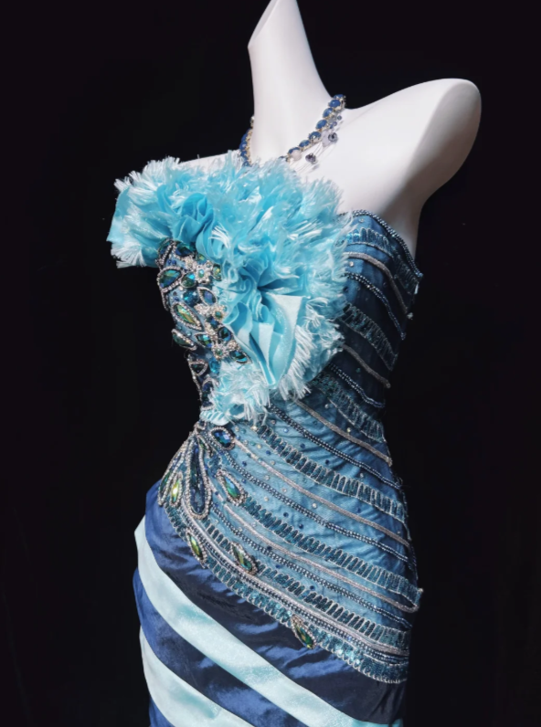 Unique Vintage Blue Strapless Beaded Bodice Tiered Satin Skirt Mermaid Long Prom Dress AD1045