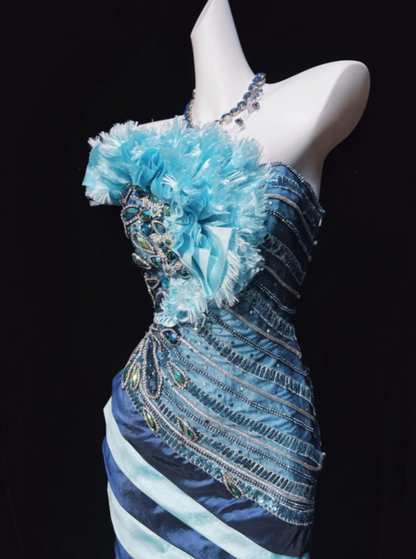 Unique Vintage Blue Strapless Beaded Bodice Tiered Satin Skirt Mermaid Long Prom Dress AD1045