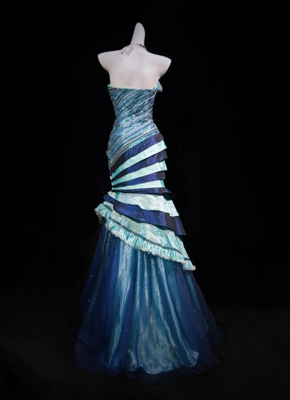 Unique Vintage Blue Strapless Beaded Bodice Tiered Satin Skirt Mermaid Long Prom Dress AD1045