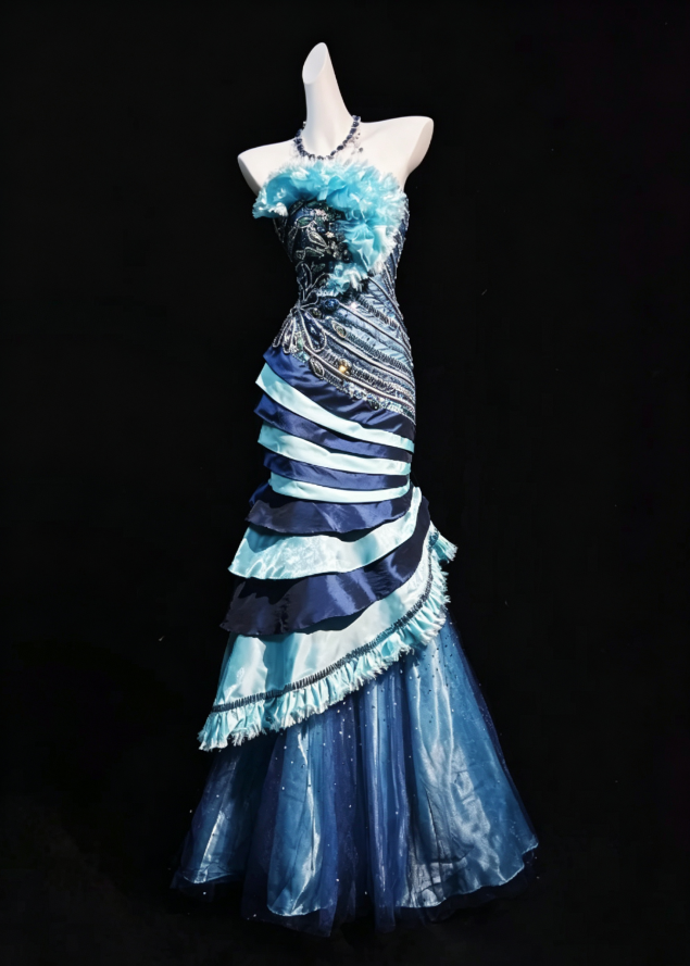 Unique Vintage Blue Strapless Beaded Bodice Tiered Satin Skirt Mermaid Long Prom Dress AD1045