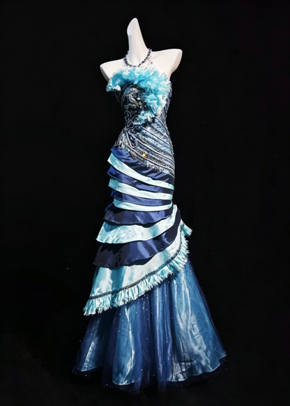Unique Vintage Blue Strapless Beaded Bodice Tiered Satin Skirt Mermaid Long Prom Dress AD1045