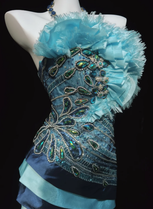 Unique Vintage Blue Strapless Beaded Bodice Tiered Satin Skirt Mermaid Long Prom Dress AD1045
