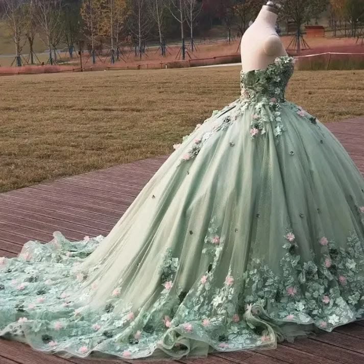 Gorgeous Sage Green Off The Shoulder 3D Floral Applique Tulle Ballgown Prom Dress With Chapel Train AD1047