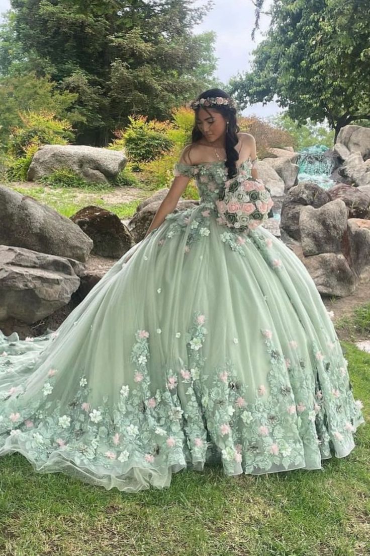 Gorgeous Sage Green Off The Shoulder 3D Floral Applique Tulle Ballgown Prom Dress With Chapel Train AD1047