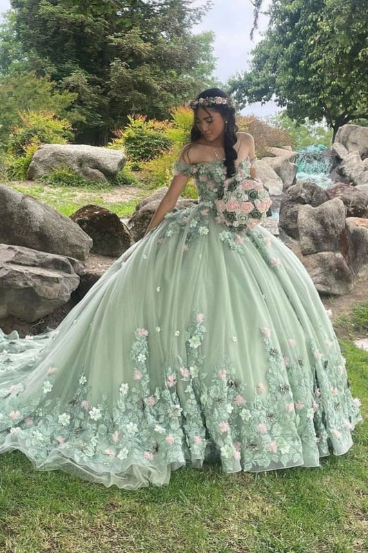 Gorgeous Sage Green Off The Shoulder 3D Floral Applique Tulle Ballgown Prom Dress With Chapel Train AD1047