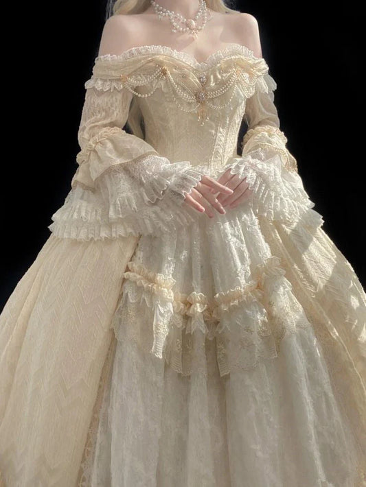 Elegant Ivory Off The Shoulder Long Sleeves Heavy Craft Lace Pearl Chain Embellished A Line Long Prom Dress AD1049