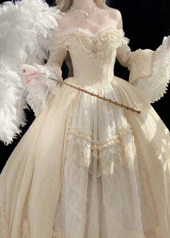 Elegant Ivory Off The Shoulder Long Sleeves Heavy Craft Lace Pearl Chain Embellished A Line Long Prom Dress AD1049