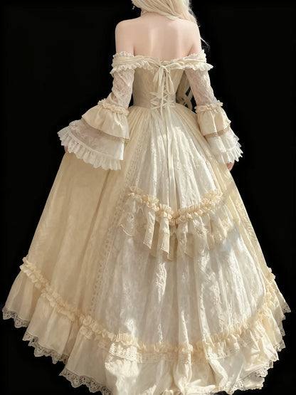 Elegant Ivory Off The Shoulder Long Sleeves Heavy Craft Lace Pearl Chain Embellished A Line Long Prom Dress AD1049