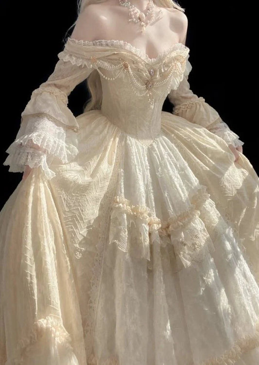 Elegant Ivory Off The Shoulder Long Sleeves Heavy Craft Lace Pearl Chain Embellished A Line Long Prom Dress AD1049