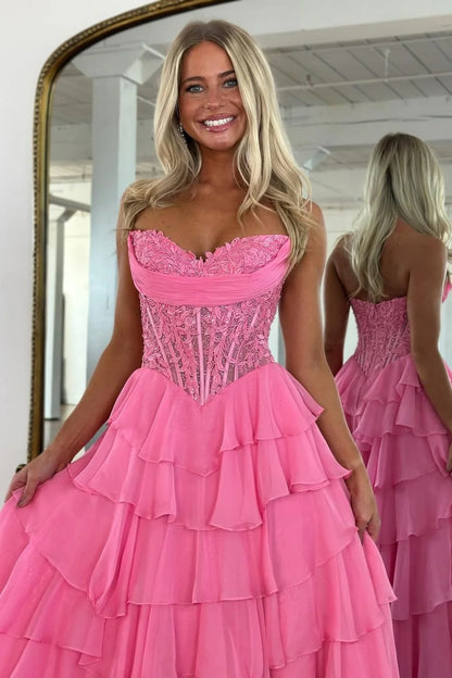 Layered Ruffle A-Line Prom Dress With Embellished Lace Bodice And Leg Slit AD105