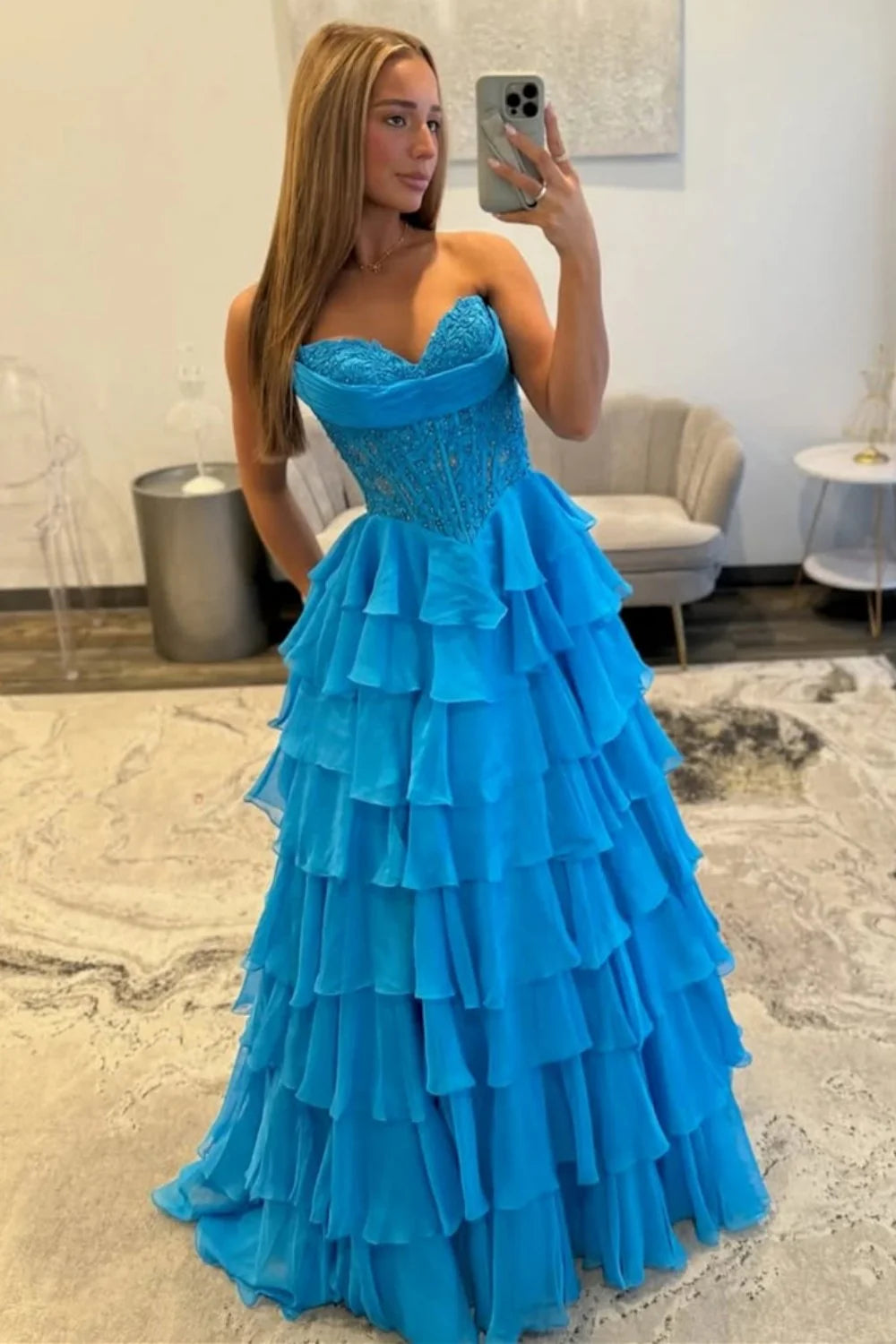 Layered Ruffle A-Line Prom Dress With Embellished Lace Bodice And Leg Slit AD105