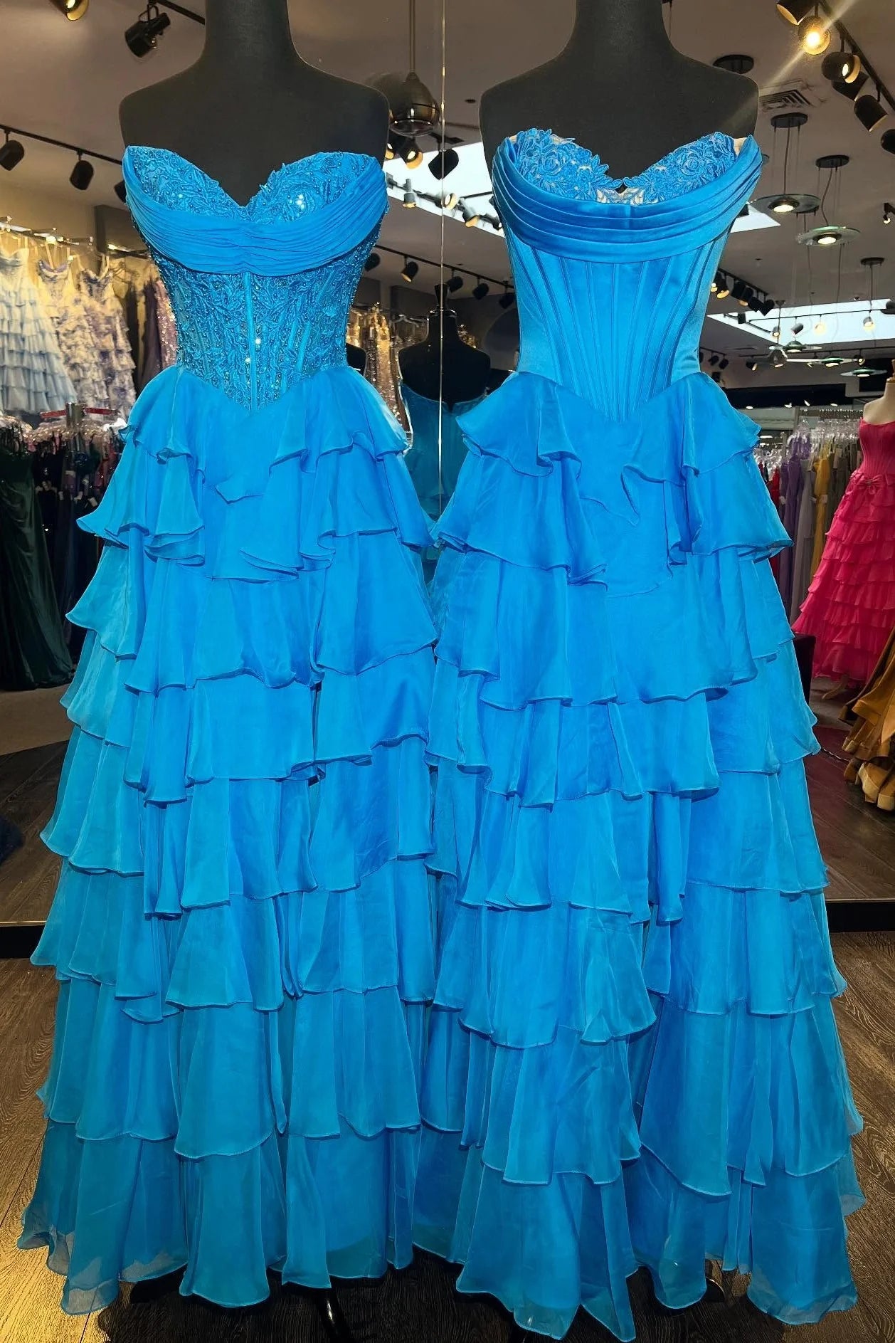 Layered Ruffle A-Line Prom Dress With Embellished Lace Bodice And Leg Slit AD105