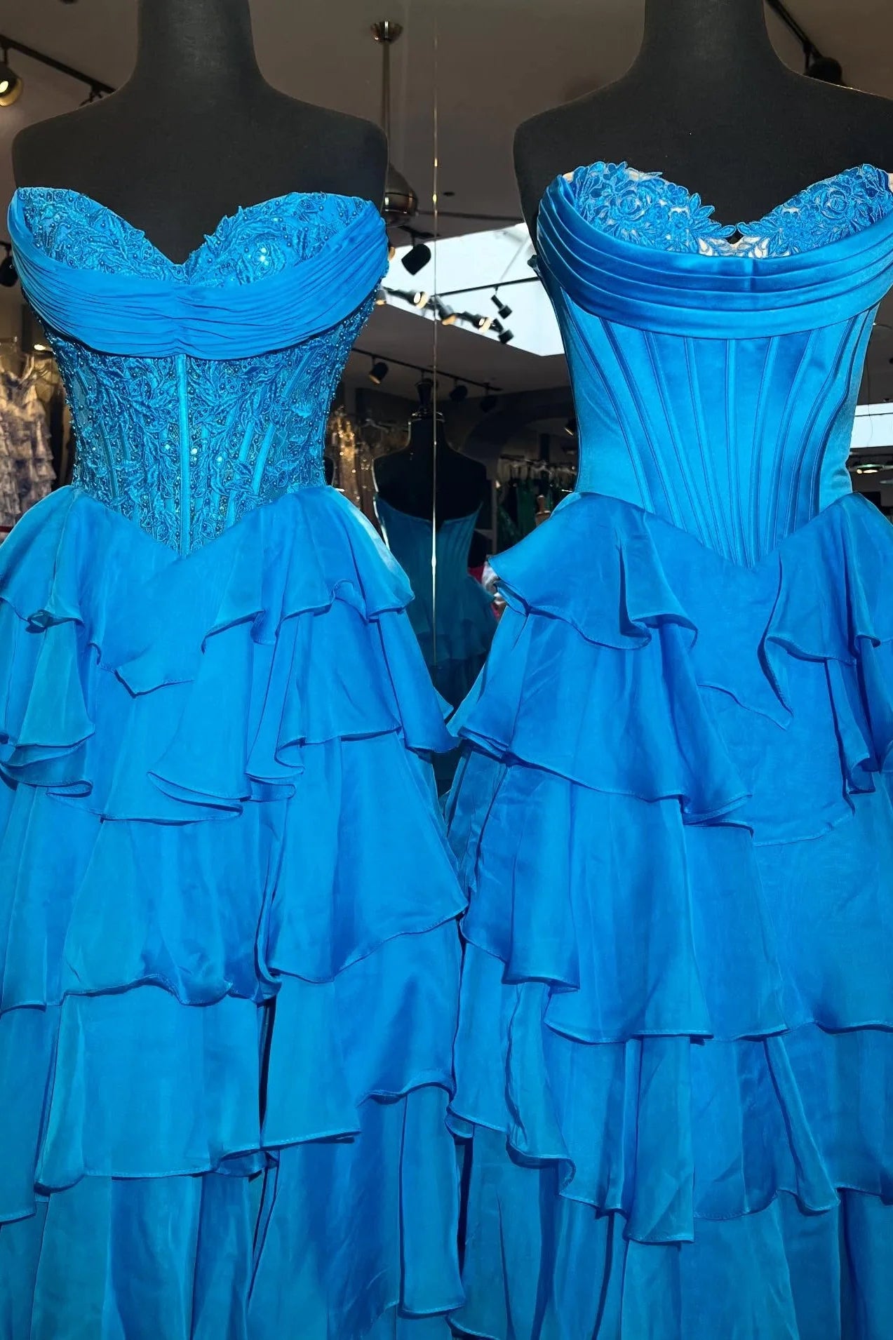 Layered Ruffle A-Line Prom Dress With Embellished Lace Bodice And Leg Slit AD105