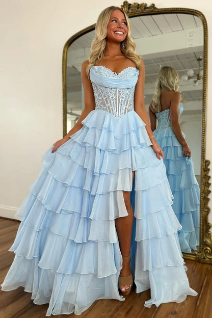 Layered Ruffle A-Line Prom Dress With Embellished Lace Bodice And Leg Slit AD105