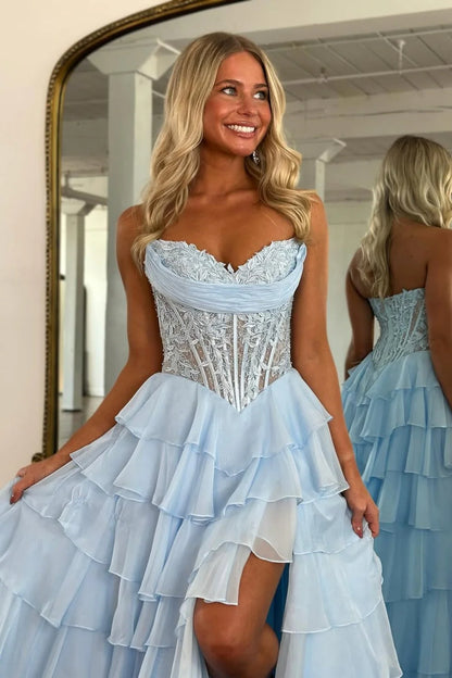 Layered Ruffle A-Line Prom Dress With Embellished Lace Bodice And Leg Slit AD105