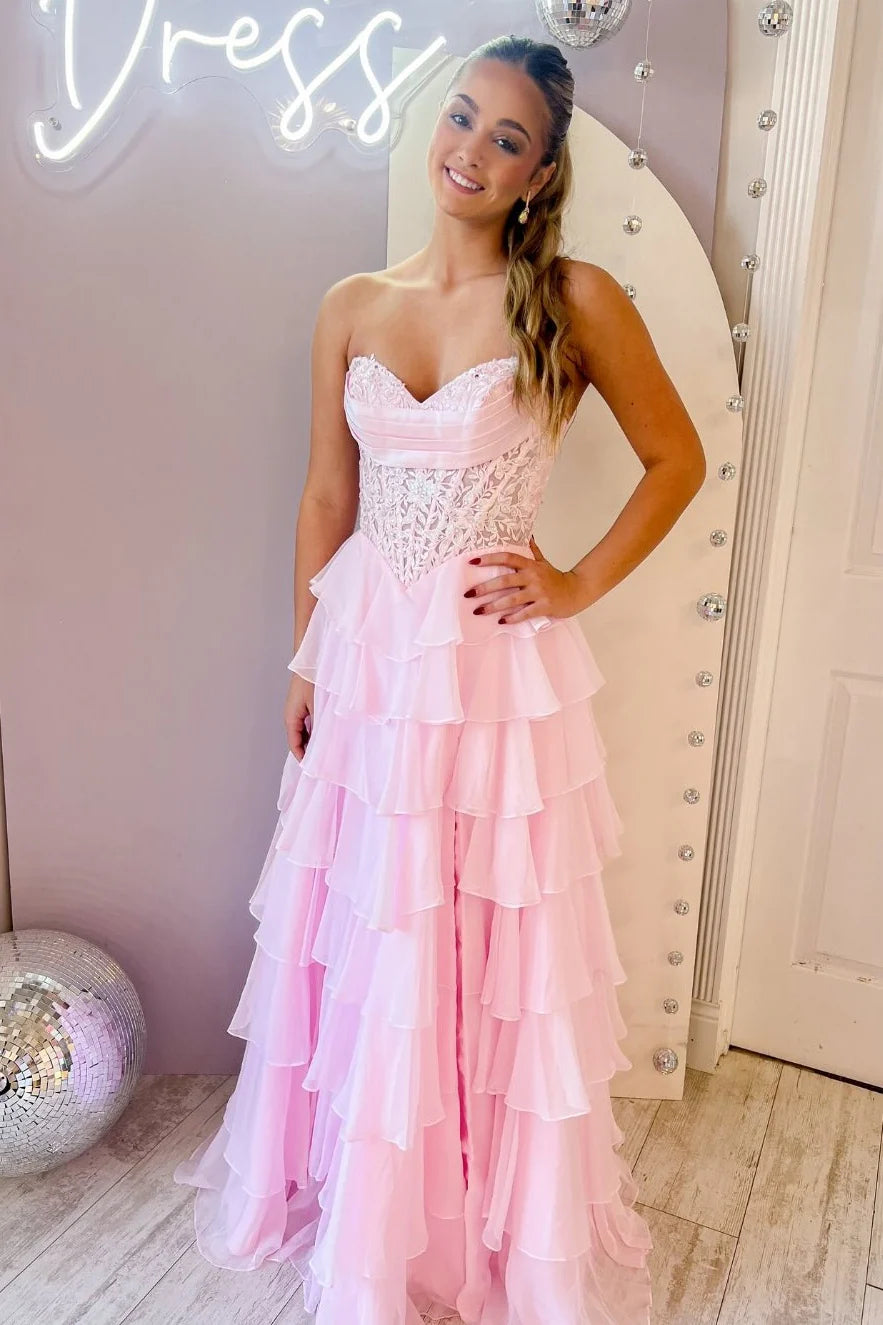 Layered Ruffle A-Line Prom Dress With Embellished Lace Bodice And Leg Slit AD105