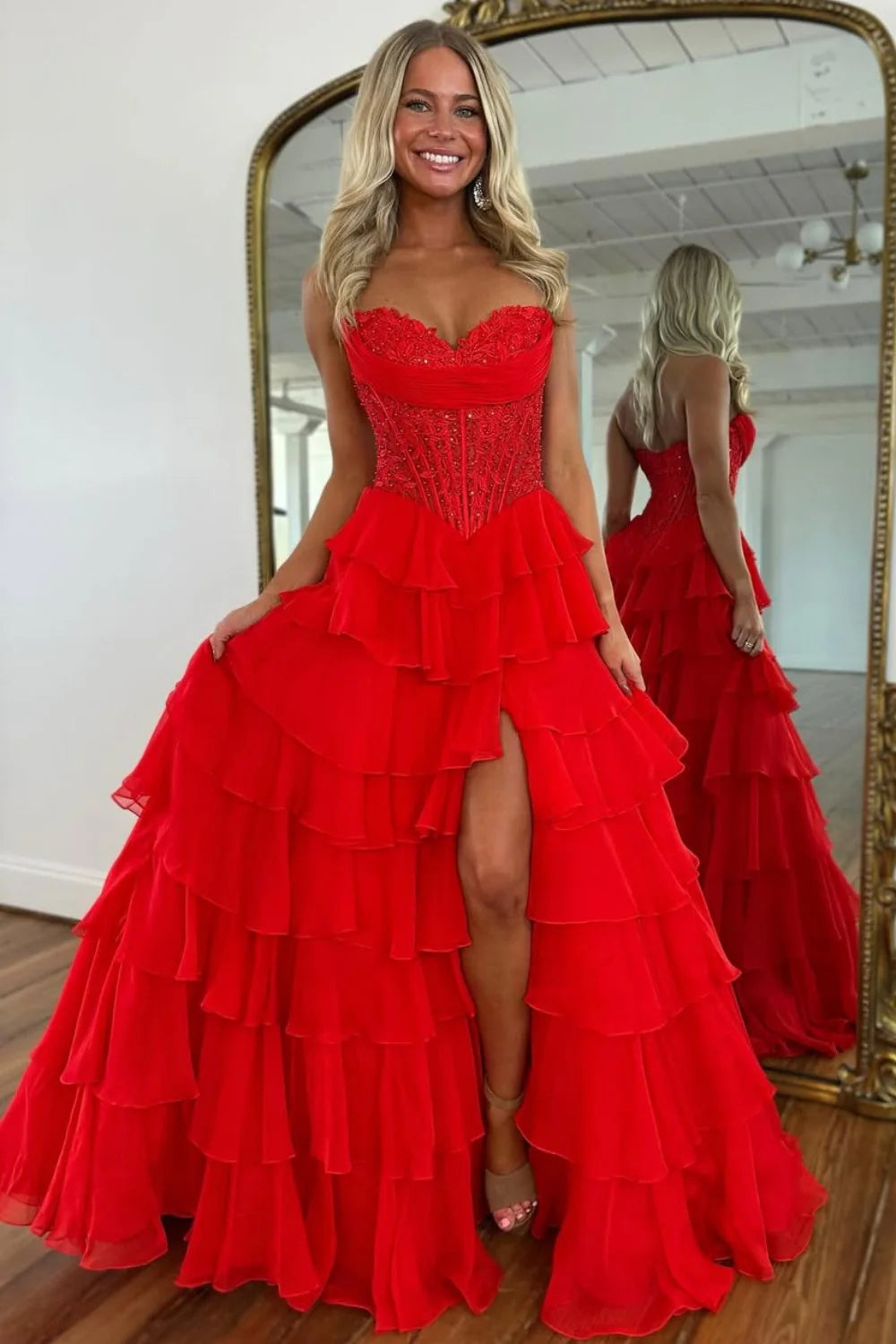 Layered Ruffle A-Line Prom Dress With Embellished Lace Bodice And Leg Slit AD105