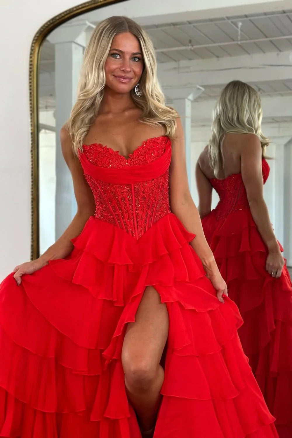 Layered Ruffle A-Line Prom Dress With Embellished Lace Bodice And Leg Slit AD105