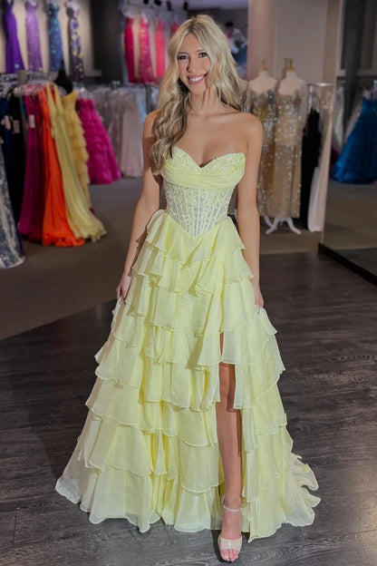 Layered Ruffle A-Line Prom Dress With Embellished Lace Bodice And Leg Slit AD105