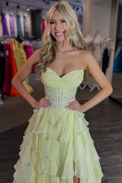 Layered Ruffle A-Line Prom Dress With Embellished Lace Bodice And Leg Slit AD105