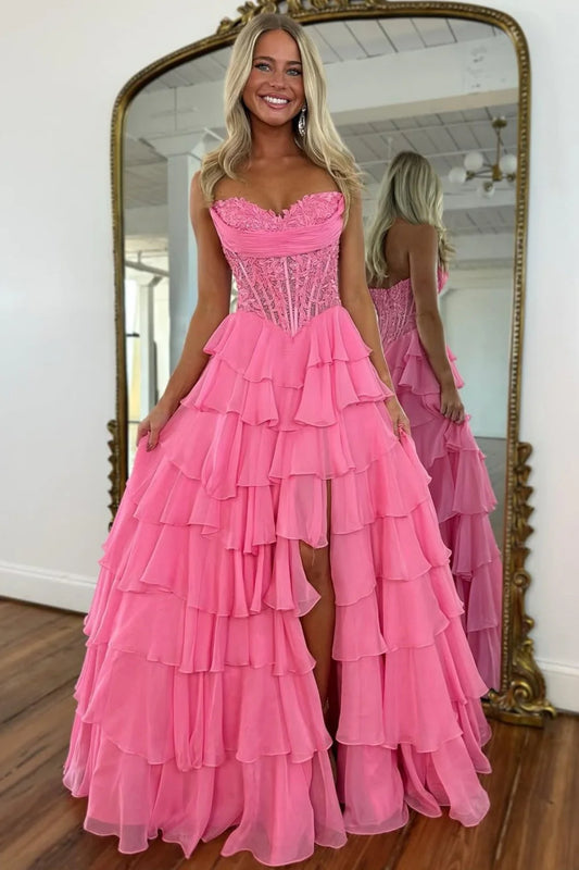 Layered Ruffle A-Line Prom Dress With Embellished Lace Bodice And Leg Slit AD105