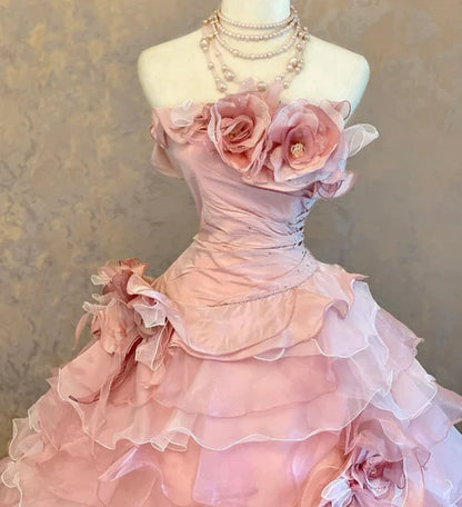 Chic Pink Strapless 3D Rose Floral Applique Multi-Tier Ruffle Tulle Ballgown Prom Dress With Chapel Train AD1050