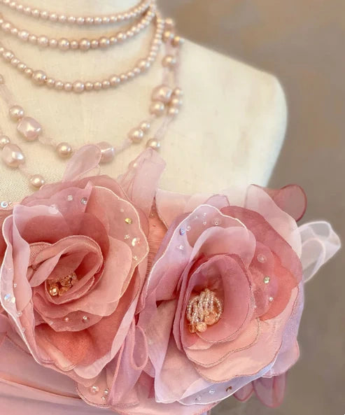 Chic Pink Strapless 3D Rose Floral Applique Multi-Tier Ruffle Tulle Ballgown Prom Dress With Chapel Train AD1050