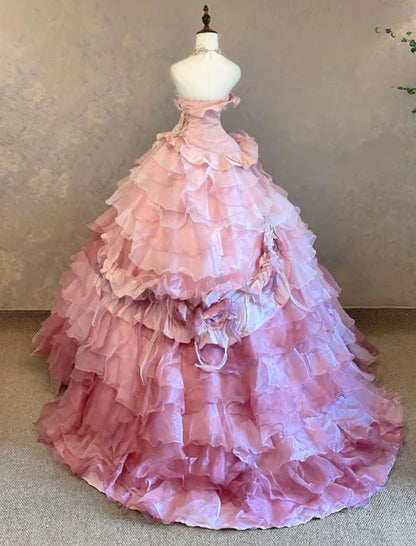 Chic Pink Strapless 3D Rose Floral Applique Multi-Tier Ruffle Tulle Ballgown Prom Dress With Chapel Train AD1050