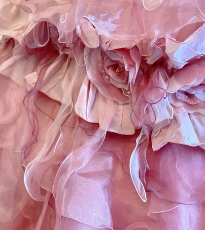 Chic Pink Strapless 3D Rose Floral Applique Multi-Tier Ruffle Tulle Ballgown Prom Dress With Chapel Train AD1050