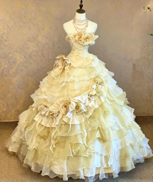 Chic Pink Strapless 3D Rose Floral Applique Multi-Tier Ruffle Tulle Ballgown Prom Dress With Chapel Train AD1050