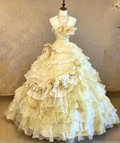 Chic Pink Strapless 3D Rose Floral Applique Multi-Tier Ruffle Tulle Ballgown Prom Dress With Chapel Train AD1050