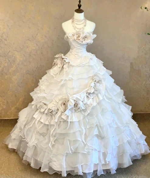 Chic Pink Strapless 3D Rose Floral Applique Multi-Tier Ruffle Tulle Ballgown Prom Dress With Chapel Train AD1050