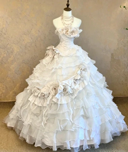 Chic Pink Strapless 3D Rose Floral Applique Multi-Tier Ruffle Tulle Ballgown Prom Dress With Chapel Train AD1050