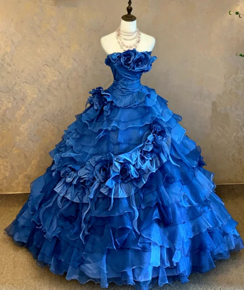 Chic Pink Strapless 3D Rose Floral Applique Multi-Tier Ruffle Tulle Ballgown Prom Dress With Chapel Train AD1050