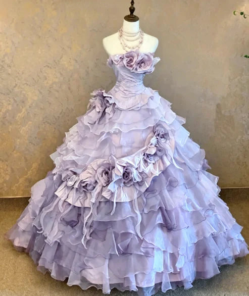 Chic Pink Strapless 3D Rose Floral Applique Multi-Tier Ruffle Tulle Ballgown Prom Dress With Chapel Train AD1050