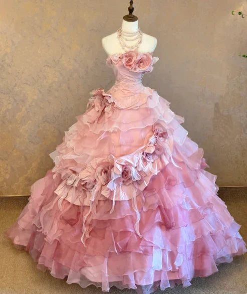Chic Pink Strapless 3D Rose Floral Applique Multi-Tier Ruffle Tulle Ballgown Prom Dress With Chapel Train AD1050