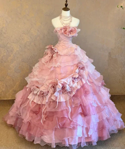 Chic Pink Strapless 3D Rose Floral Applique Multi-Tier Ruffle Tulle Ballgown Prom Dress With Chapel Train AD1050