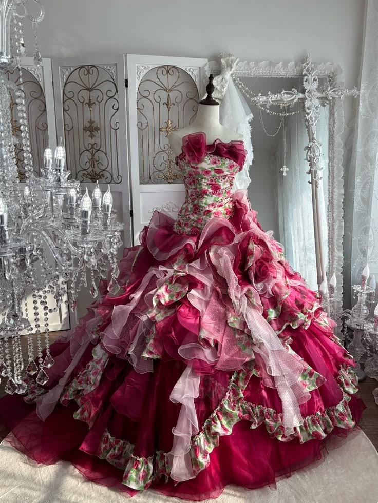 Unique Fuchsia Strapless Floral Printed Bodice 3D Floral Multi-Tier Ruffle Ballgown Prom Dress With Chapel Train AD1051