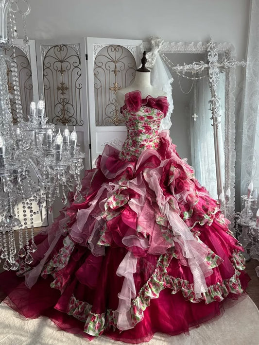 Unique Fuchsia Strapless Floral Printed Bodice 3D Floral Multi-Tier Ruffle Ballgown Prom Dress With Chapel Train AD1051