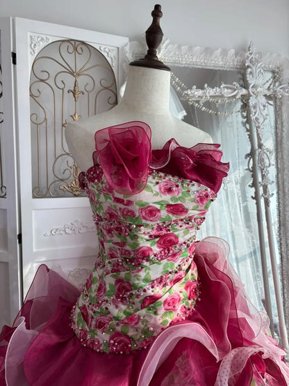 Unique Fuchsia Strapless Floral Printed Bodice 3D Floral Multi-Tier Ruffle Ballgown Prom Dress With Chapel Train AD1051
