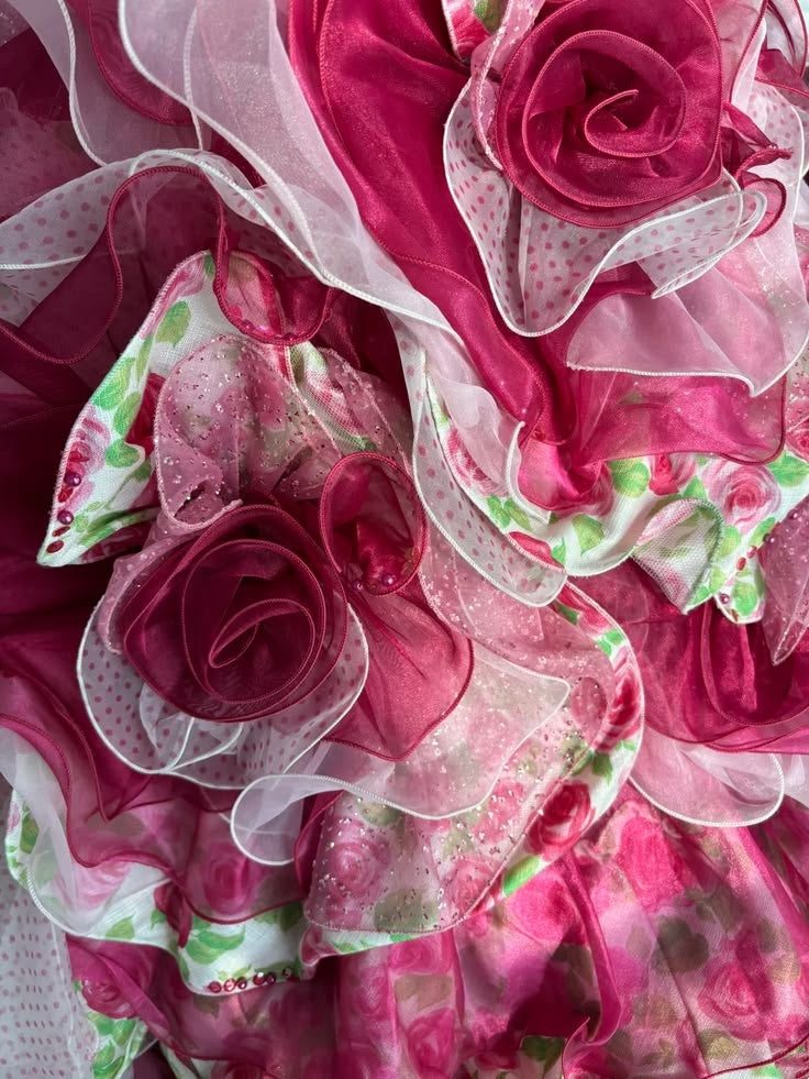 Unique Fuchsia Strapless Floral Printed Bodice 3D Floral Multi-Tier Ruffle Ballgown Prom Dress With Chapel Train AD1051