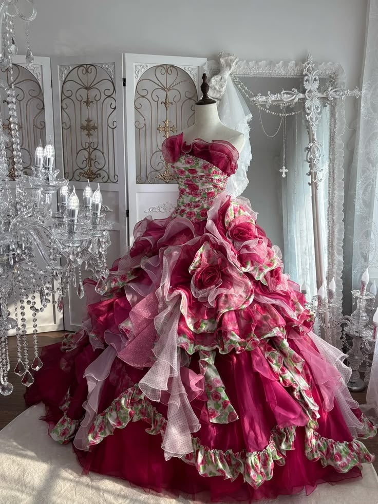 Unique Fuchsia Strapless Floral Printed Bodice 3D Floral Multi-Tier Ruffle Ballgown Prom Dress With Chapel Train AD1051