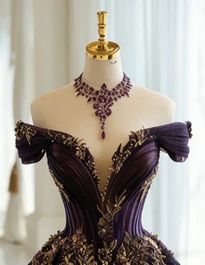 Stunning Dark Purple Off The Shoulder V-Neck Heavy Craft Gold Floral Applique Ballgown Prom Dress With Chapel Train AD1052