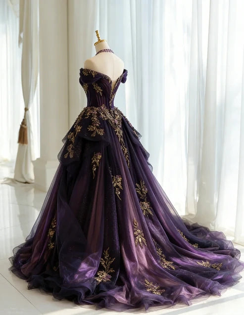 Stunning Dark Purple Off The Shoulder V-Neck Heavy Craft Gold Floral Applique Ballgown Prom Dress With Chapel Train AD1052